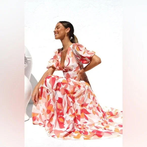 (H1) Ruffle Tiered› Orange floral maxi dress with V-neckline, size XL - Picture 7 of 15